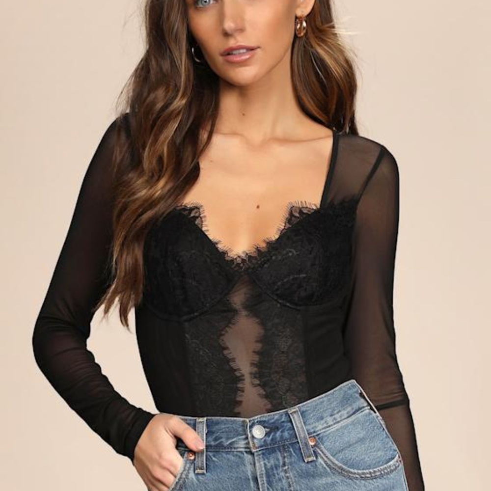 Lulus Stay Sultry Black Mesh Lace Long Sleeve Bodysuit - Size L